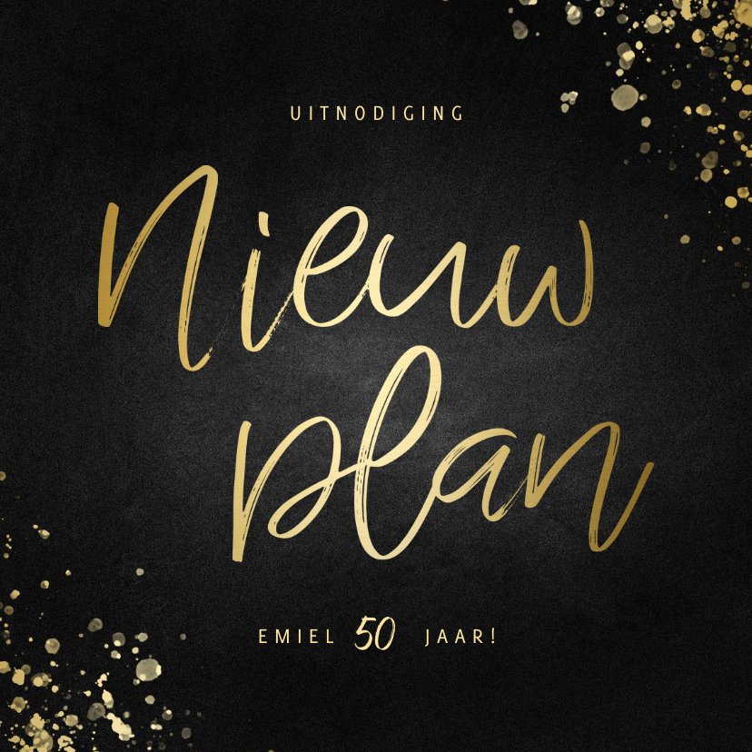 Uitnodiging nieuw plan vierkant goud met spetters - Uitnodigingen Uitnodigingen - Uitnodiging nieuw plan vierkant goud met spetters