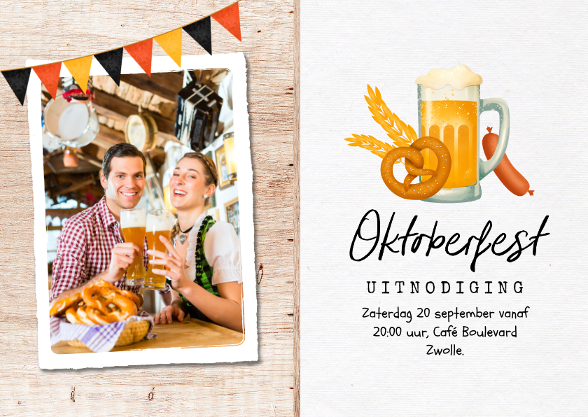 Uitnodigingen - Uitnodiging oktoberfest hout foto bier worst pretzel