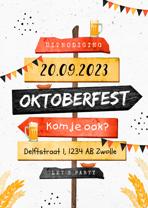 Uitnodigingen - Uitnodiging oktoberfest wegwijzers slingers bier worst