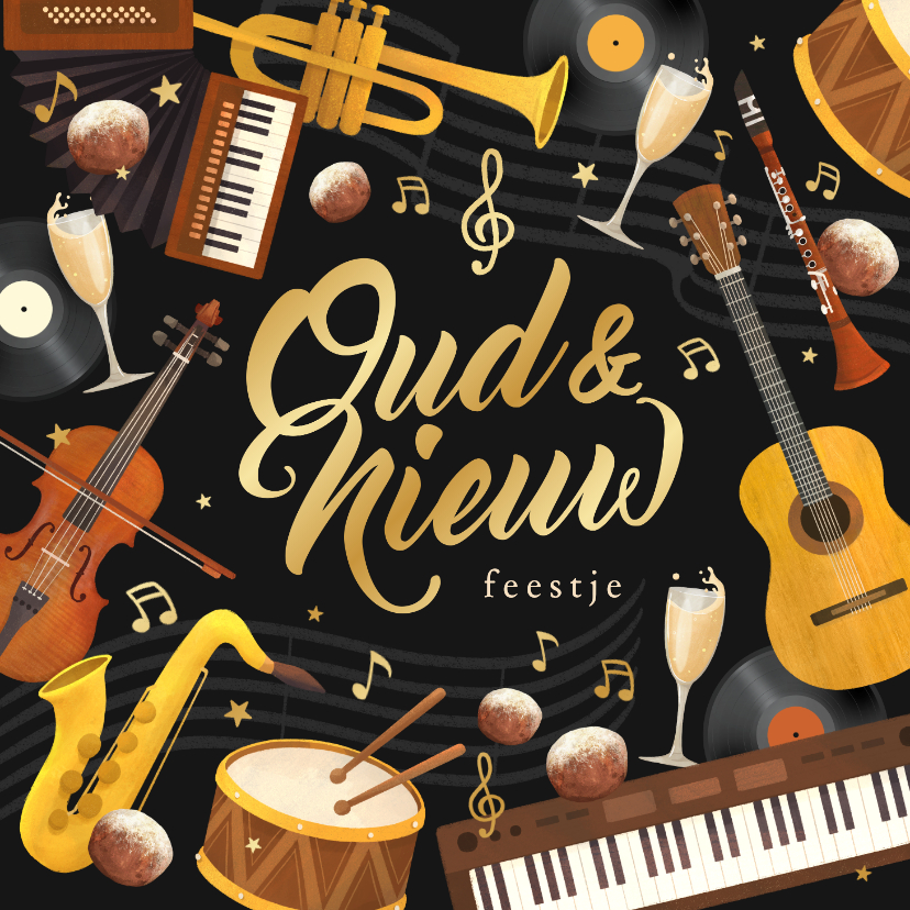 Uitnodigingen - Uitnodiging oud en nieuw feestje muziekinstrumenten goud