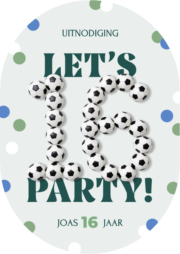 Uitnodigingen - Uitnodiging ovaal met 16 in voetballen met confetti