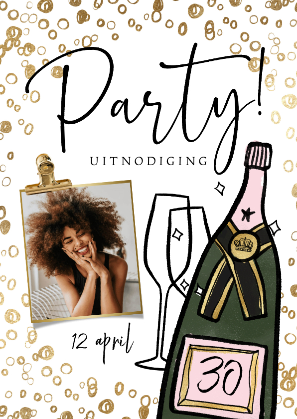 Uitnodigingen - Uitnodiging ‘Party’ champagnefles bubbels foto goud