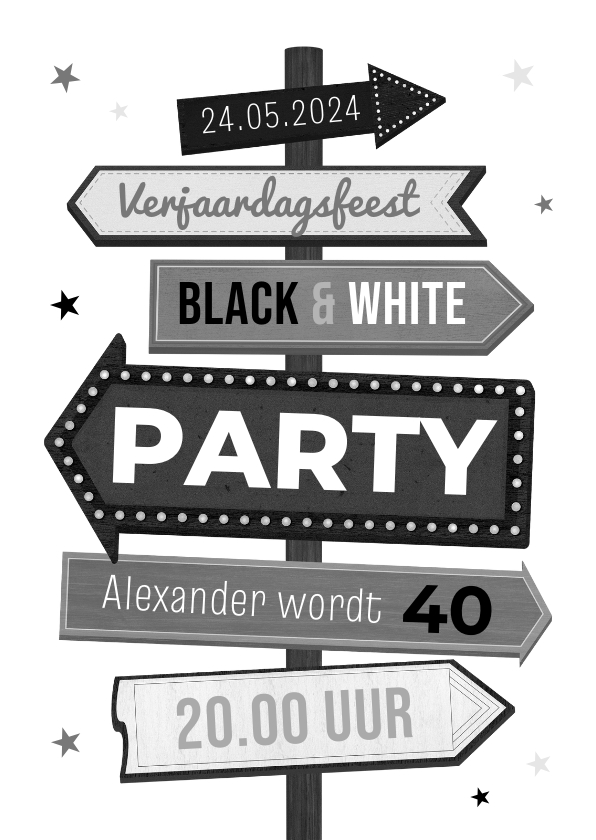 Uitnodigingen - Uitnodiging party thema black and white wegwijzers sterren