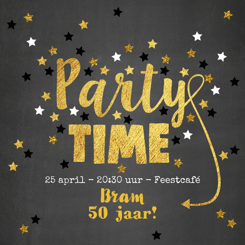 Uitnodigingen - Uitnodiging Party-Time kaart krijtbord en sterren goud