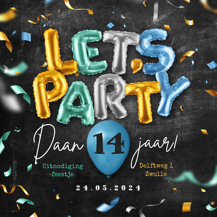 Uitnodigingen - Uitnodiging party verjaardag ballonnen confetti krijt foto