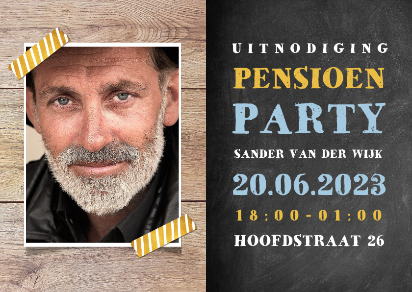 Uitnodiging pensioen feest met hout, krijtbord en foto - Uitnodigingen Uitnodigingen - Uitnodiging pensioen feest met hout, krijtbord en foto