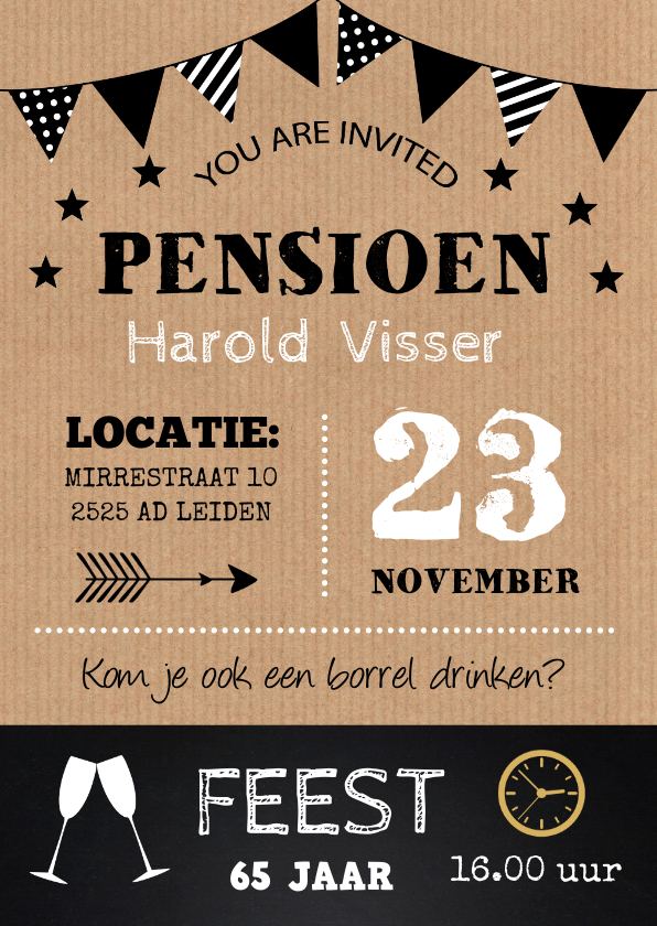 Uitnodigingen - Uitnodiging pensioen feest typografie kraft krijtbord