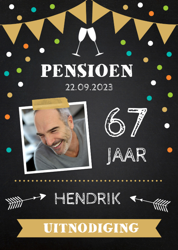 Uitnodiging pensioen foto confetti krijtbord - Uitnodigingen Uitnodigingen - Uitnodiging pensioen foto confetti krijtbord