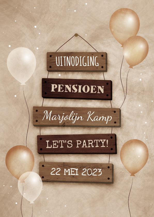 Uitnodigingen - Uitnodiging pensioen met feestelijke ballonnen bordjes 