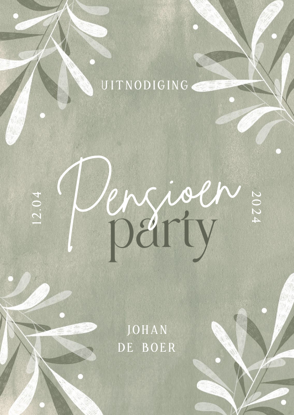 Uitnodigingen - Uitnodiging pensioen party lichtgroen bladeren trendy