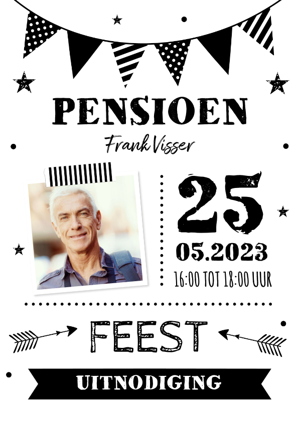 Uitnodiging pensioen slinger foto zwart-wit - Uitnodigingen Uitnodigingen - Uitnodiging pensioen slinger foto zwart-wit