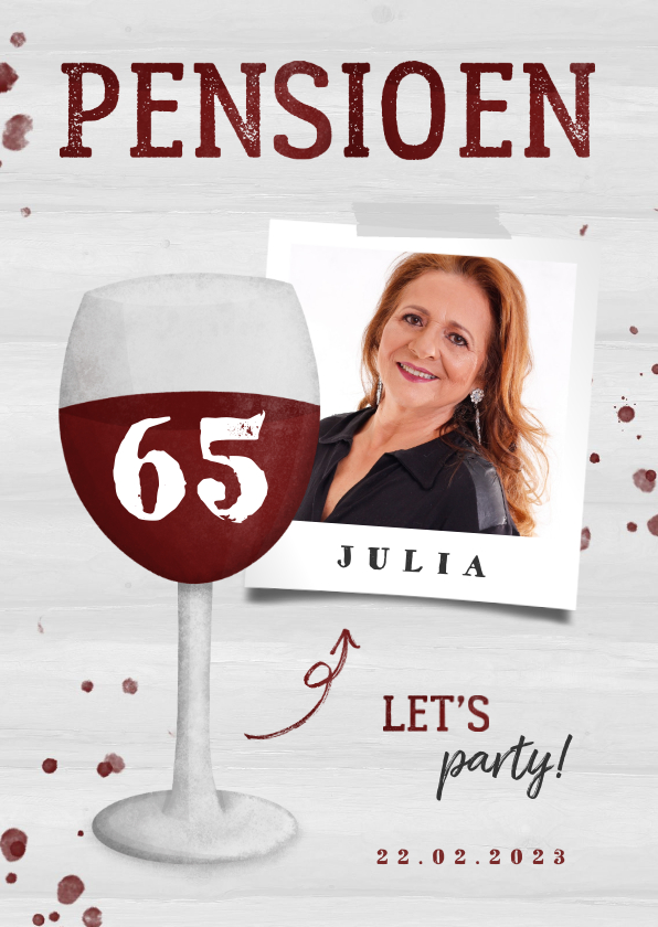 Uitnodigingen - Uitnodiging pensioen wijnglas met foto en leeftijd