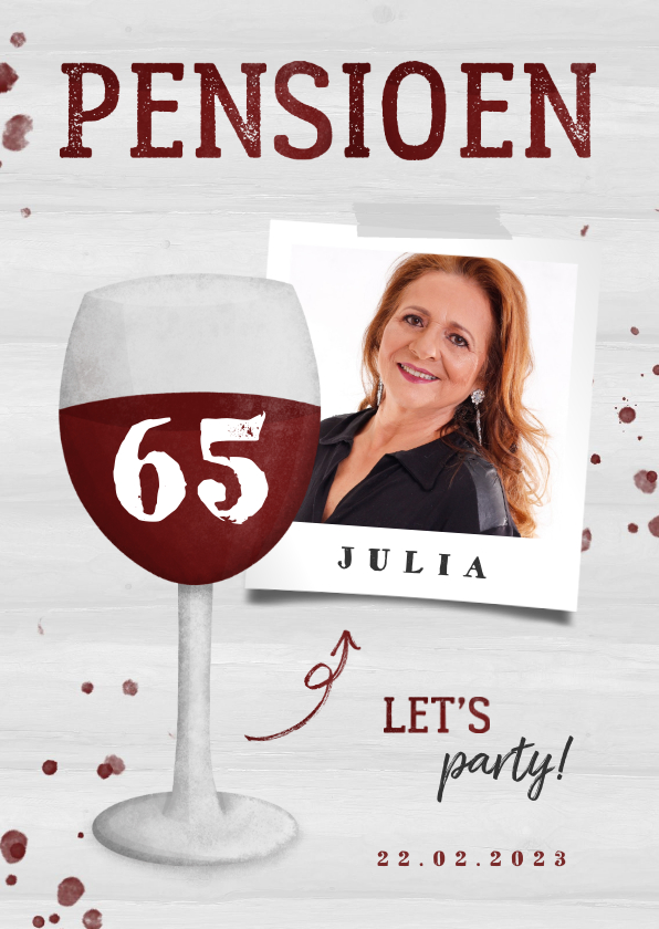 Uitnodiging pensioen wijnglas met foto en leeftijd - Uitnodigingen Uitnodigingen - Uitnodiging pensioen wijnglas met foto en leeftijd