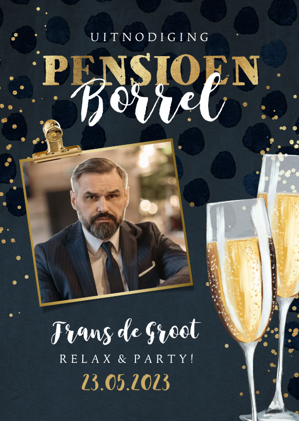 Uitnodiging pensioenfeest champagne glazen goud stijlvol - Uitnodigingen Uitnodigingen - Uitnodiging pensioenfeest champagne glazen goud stijlvol
