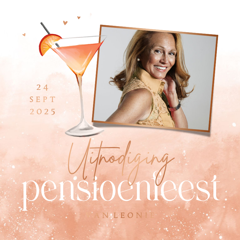 Uitnodiging pensioenfeest cocktail foto waterverf hartjes - Uitnodigingen Uitnodigingen - Uitnodiging pensioenfeest cocktail foto waterverf hartjes