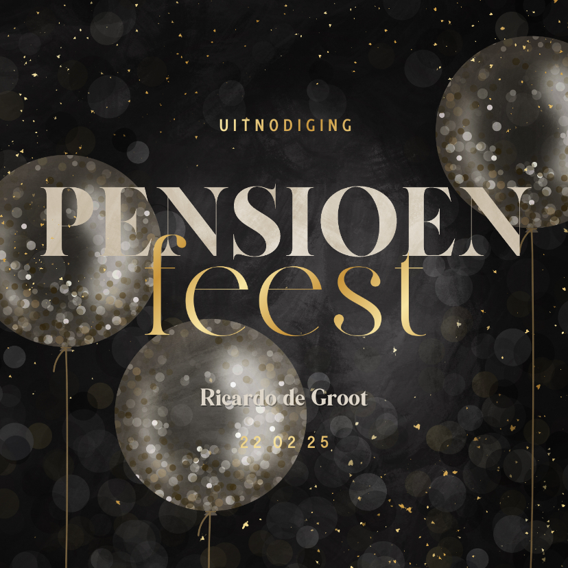 Uitnodiging pensioenfeest confetti ballonnen krijtbord - Uitnodigingen Uitnodigingen - Uitnodiging pensioenfeest confetti ballonnen krijtbord