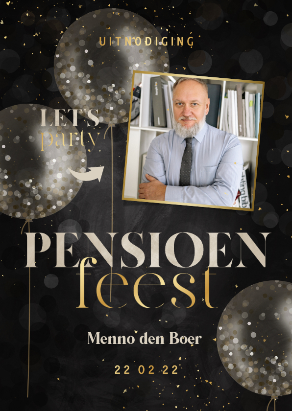 Uitnodiging pensioenfeest krijtbord met confetti ballonnen - Uitnodigingen Uitnodigingen - Uitnodiging pensioenfeest krijtbord met confetti ballonnen