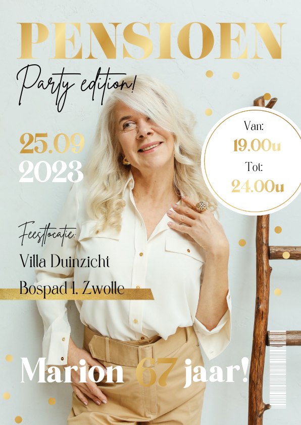 Uitnodigingen - Uitnodiging pensioenfeest magazine cover goud party