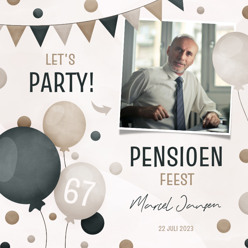 Uitnodigingen - Uitnodiging pensioenfeest met ballonnen slingers en confetti