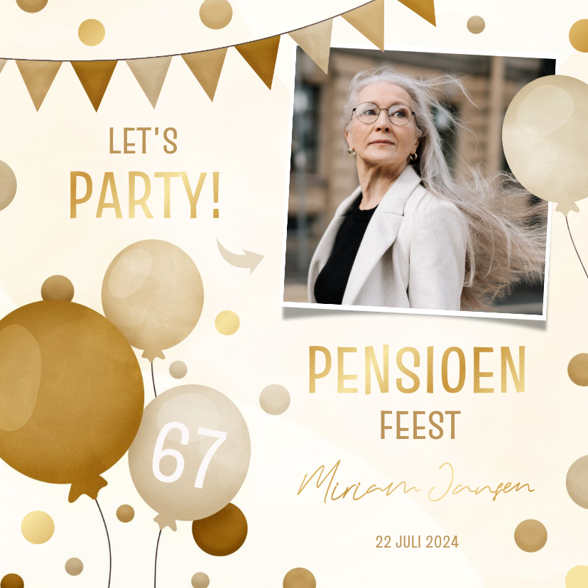 Uitnodigingen - Uitnodiging pensioenfeest met slingers ballonnen en confetti
