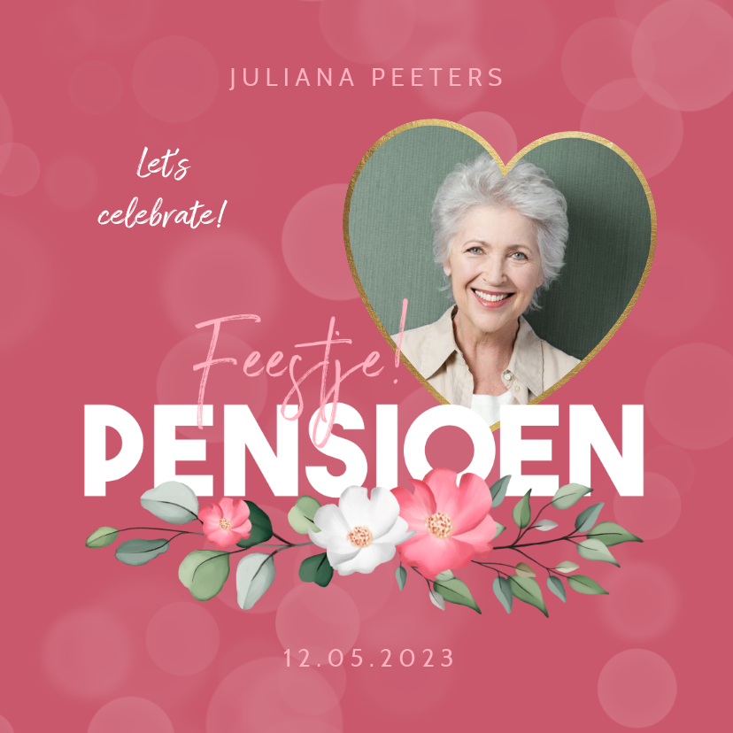 Uitnodigingen - Uitnodiging pensioenfeest roze bloemen foto hart