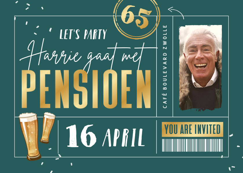 Uitnodigingen - Uitnodiging pensioenfeest ticket bier foto goud confetti