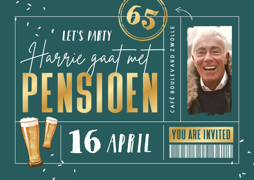 Uitnodiging pensioenfeest ticket bier foto goud confetti - Uitnodigingen Uitnodigingen - Uitnodiging pensioenfeest ticket bier foto goud confetti