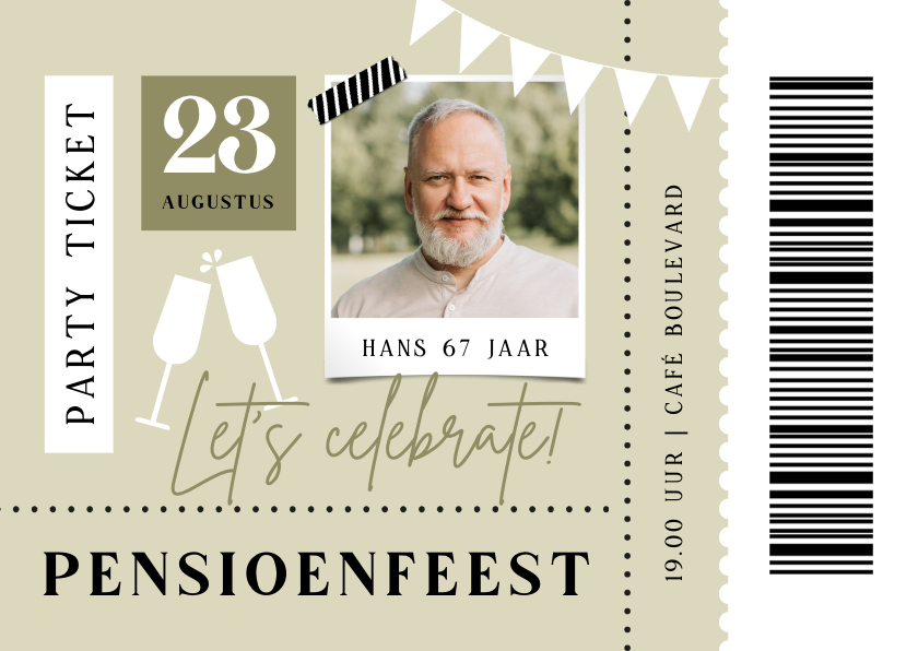 Uitnodigingen - Uitnodiging pensioenfeest ticket foto modern