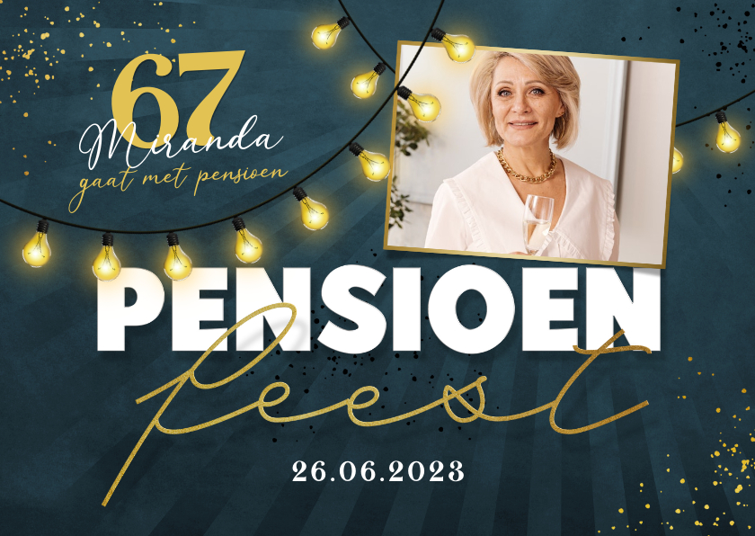 Uitnodiging pensioenfeest unisex foto lampjes spetters - Uitnodigingen Uitnodigingen - Uitnodiging pensioenfeest unisex foto lampjes spetters