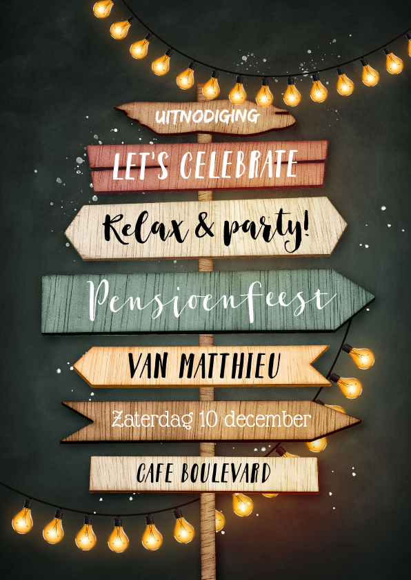 Uitnodigingen - Uitnodiging pensioenfeest wegwijzers en slingers krijtbord