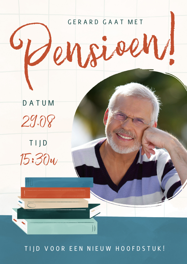 Uitnodiging pensioensfeestje boeken nieuw hoofdstuk foto - Uitnodigingen Uitnodigingen - Uitnodiging pensioensfeestje boeken nieuw hoofdstuk foto