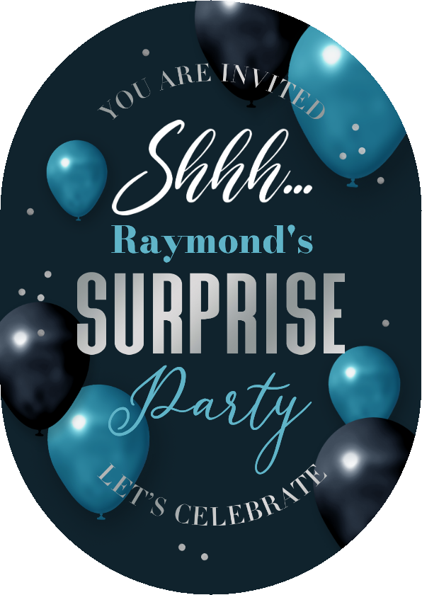 Uitnodigingen - Uitnodiging pilvorm surprise party ballonnen shhh