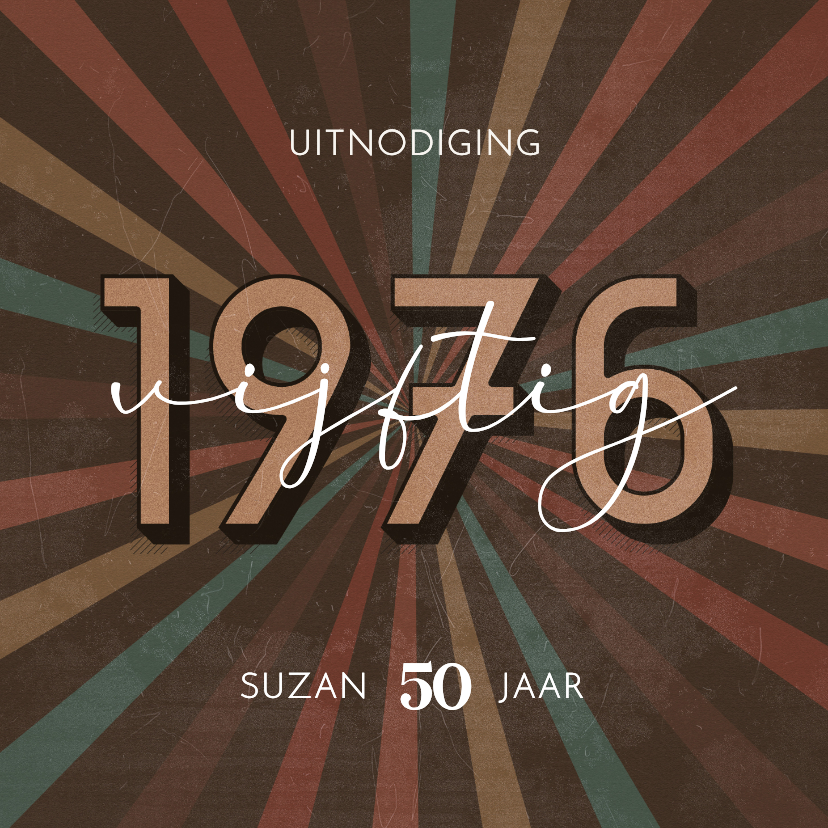 Uitnodigingen - Uitnodiging retro 1976 3d stralen gekleurd vijftig jaar