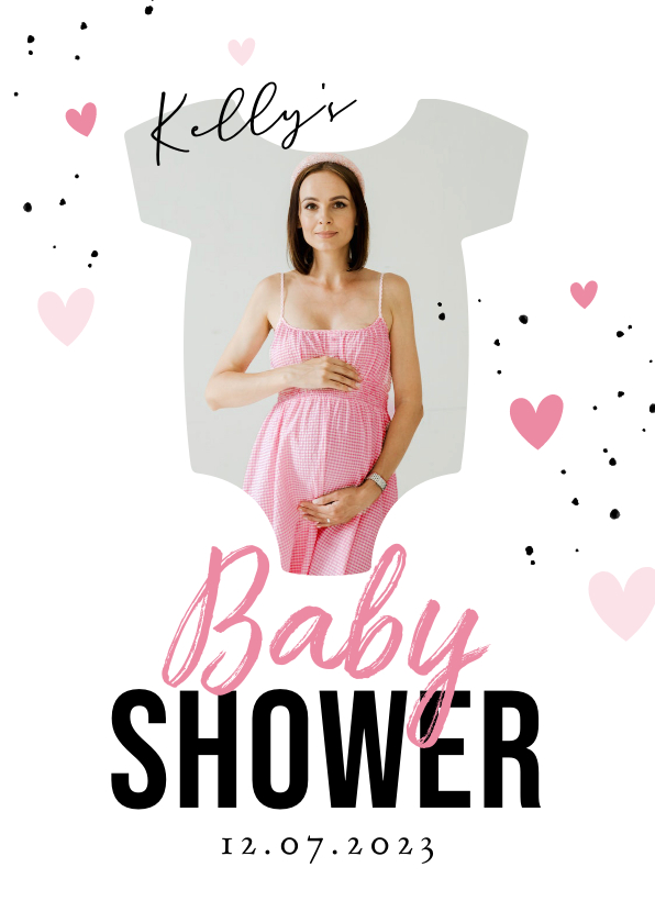 Uitnodigingen - Uitnodiging roze babyshower rompertje foto hartjes