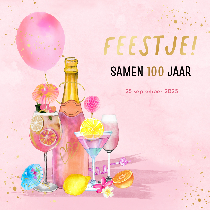 Uitnodiging samen 100 jaar champagne en cocktails - Uitnodigingen Uitnodigingen - Uitnodiging samen 100 jaar champagne en cocktails