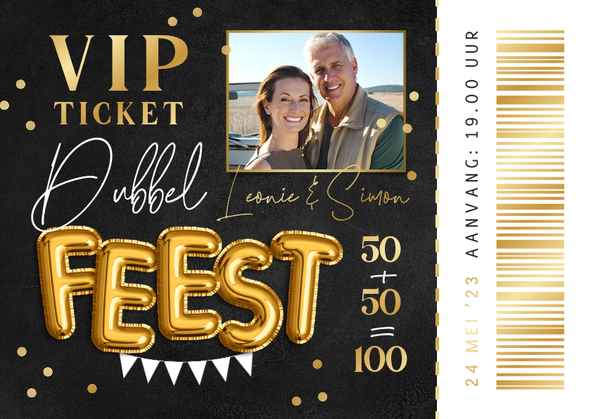 Uitnodigingen - Uitnodiging samen 100 VIP ticket krijtbord goud confetti