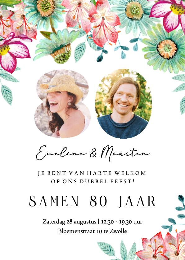 Uitnodigingen - Uitnodiging samen 80 jaar met bloemen en foto’s