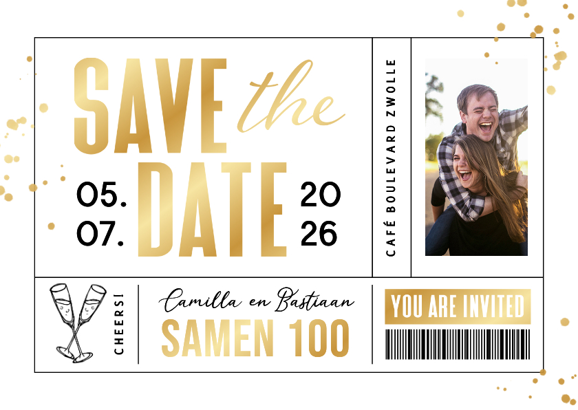 Uitnodiging save the date ticket goud samen 100 feestje - Uitnodigingen Uitnodigingen - Uitnodiging save the date ticket goud samen 100 feestje