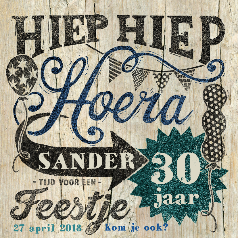 Uitnodigingen - uitnodiging stempel hoera ballon blauw
