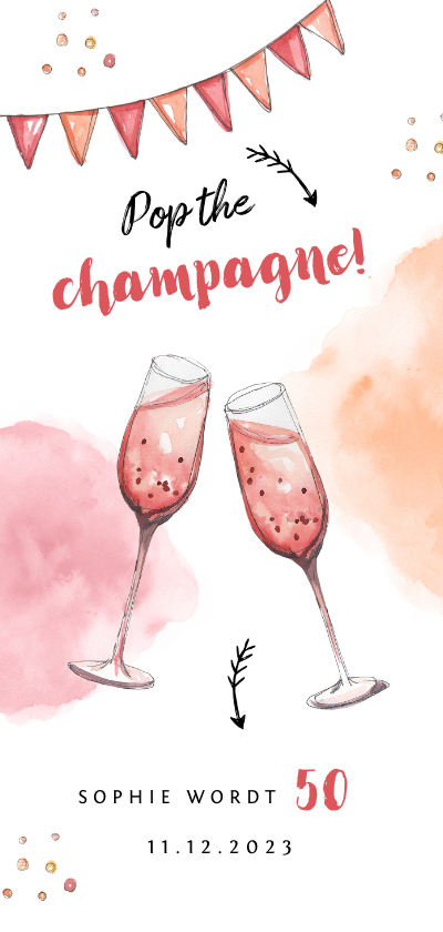 Uitnodigingen - uitnodiging stijlvol met waterverf champagne en slingers