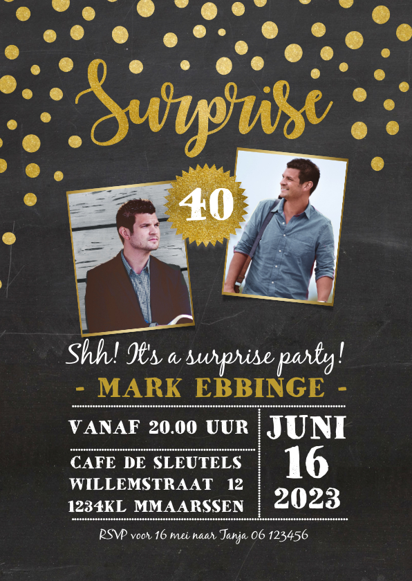 Uitnodiging surprise party goudlook - Uitnodigingen Uitnodigingen - Uitnodiging surprise party goudlook