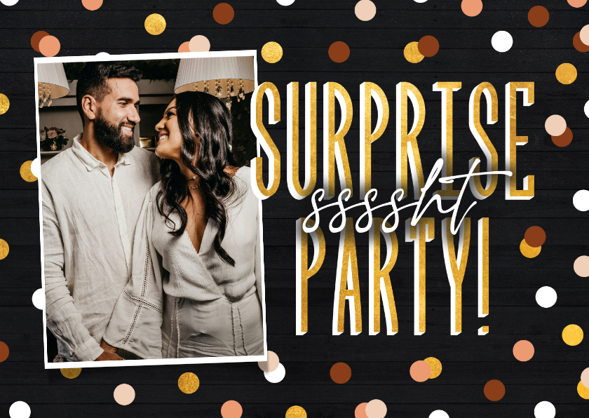 Uitnodigingen - Uitnodiging surprise party krijtbord met confetti en foto