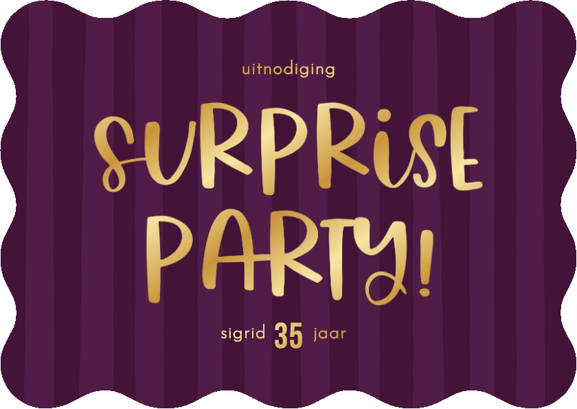 Uitnodigingen - Uitnodiging surpriseparty paars gestreept golfvorm goudlook