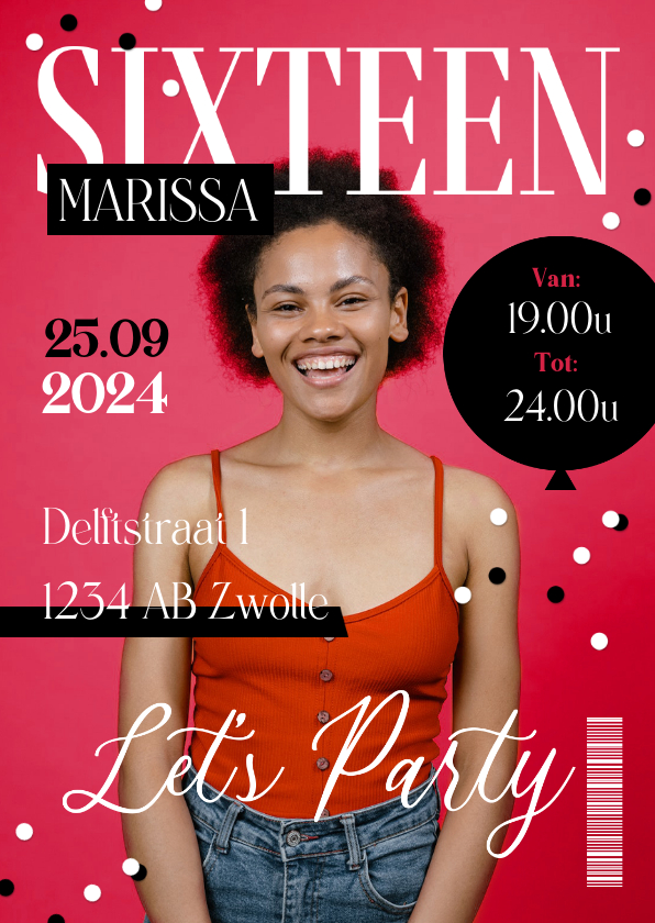 Uitnodigingen - Uitnodiging sweet 16 magazine cover foto confetti feestje