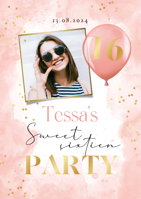 Uitnodigingen - Uitnodiging sweet 16 party foto waterverf ballon confetti