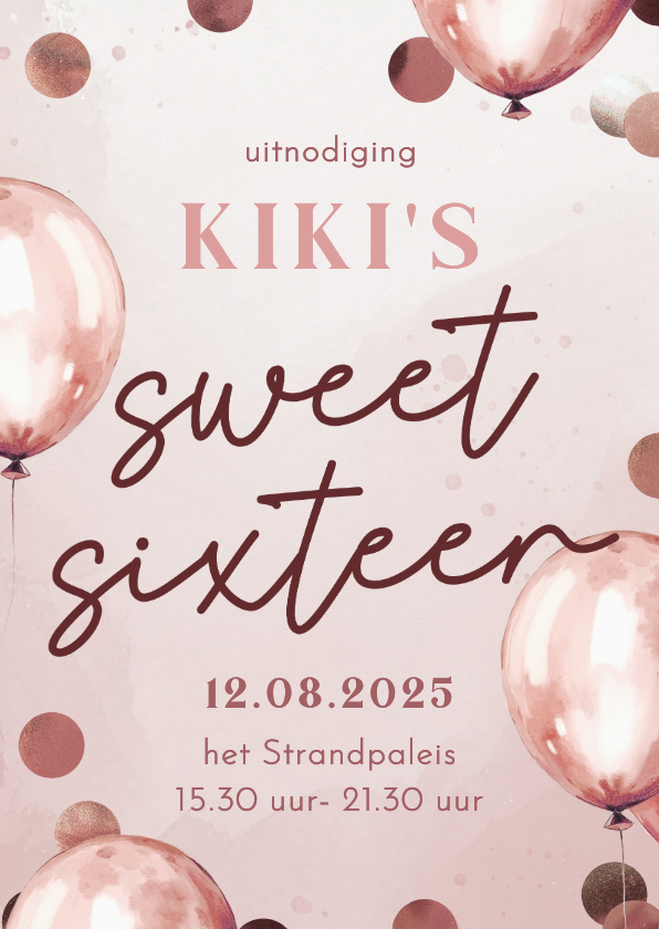 Uitnodiging sweet sixteen roze ballonnen en confetti - Uitnodigingen Uitnodigingen - Uitnodiging sweet sixteen roze ballonnen en confetti