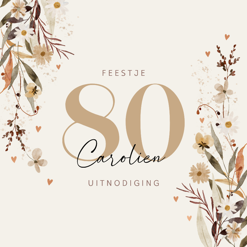 Uitnodiging tachtig jaar met bloemen en hartjes - Uitnodigingen Uitnodigingen - Uitnodiging tachtig jaar met bloemen en hartjes