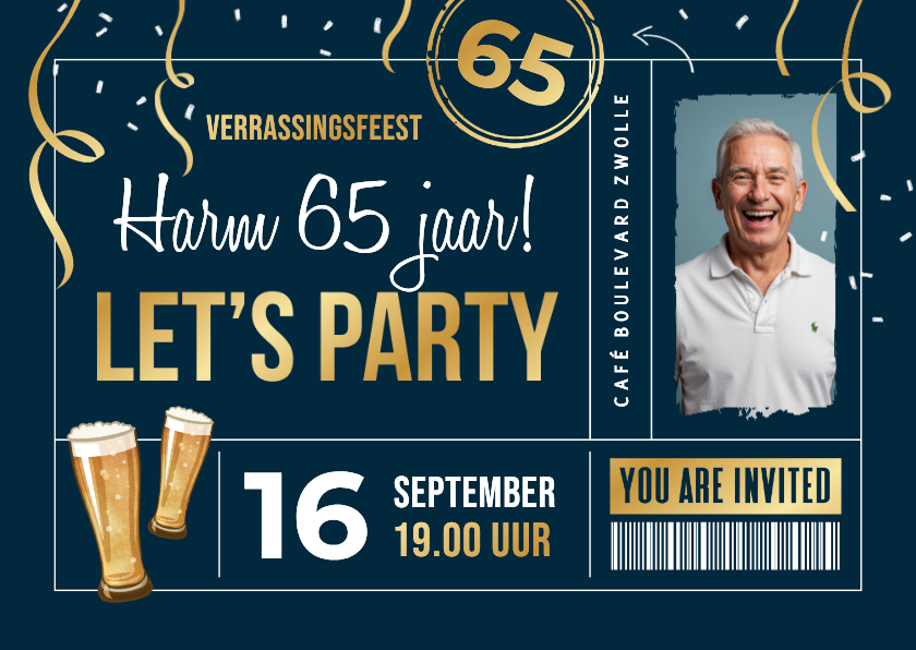 Uitnodigingen - Uitnodiging ticket 65 jaar man bier slingers goud foto