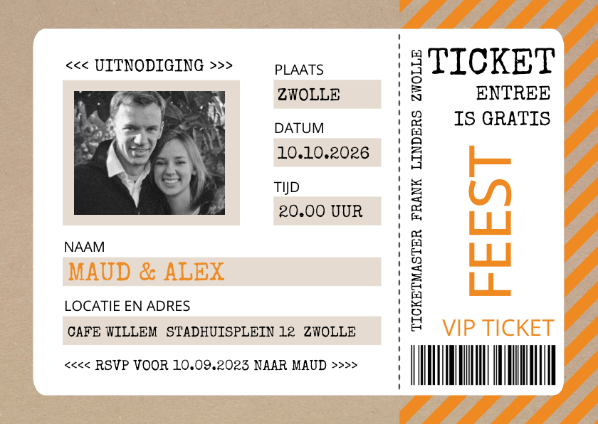 Uitnodiging ticket oranje met kraftlook - Uitnodigingen Uitnodigingen - Uitnodiging ticket oranje met kraftlook