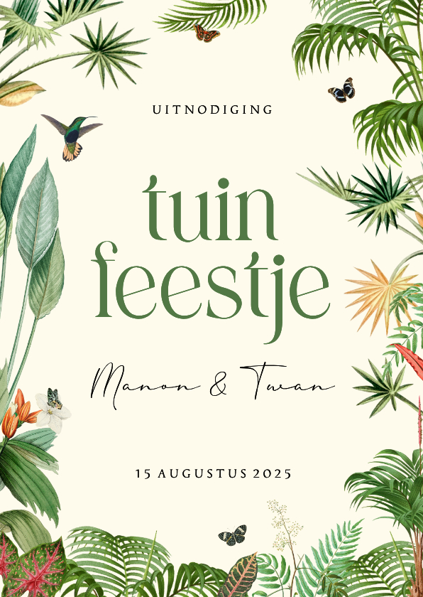 Uitnodiging tuin feestje met tropische planten en vlinders - Uitnodigingen Uitnodigingen - Uitnodiging tuin feestje met tropische planten en vlinders